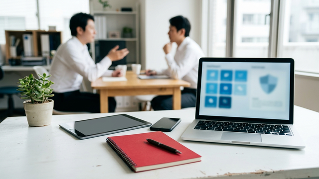 Microsoft 365のセキュリティ管理画面を開いたノートPCと、社内で導入を検討する担当者のイメージ