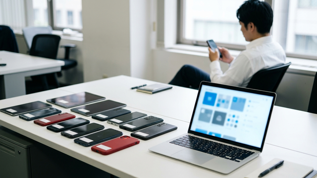 会社支給のスマートフォンとタブレットを並べて管理画面で確認するイメージ