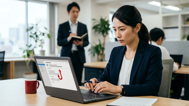 ノートパソコンに届いた不審なメールを社員が確認している標的型メール訓練のイメージ