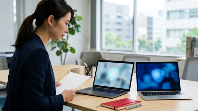 SentinelOneとSophosを2台のノートPCで比較検討するオフィスのイメージ
