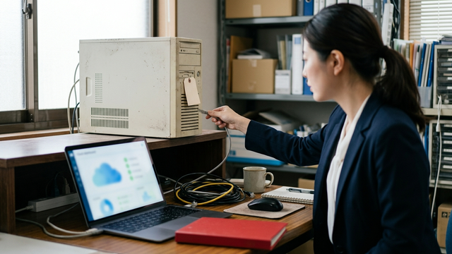 古いオンプレミスのウイルス対策サーバーからクラウド型へ切り替える作業のイメージ