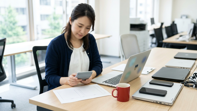 社用パソコンとスマホのセキュリティソフトの費用を見積書で確認している事務担当者