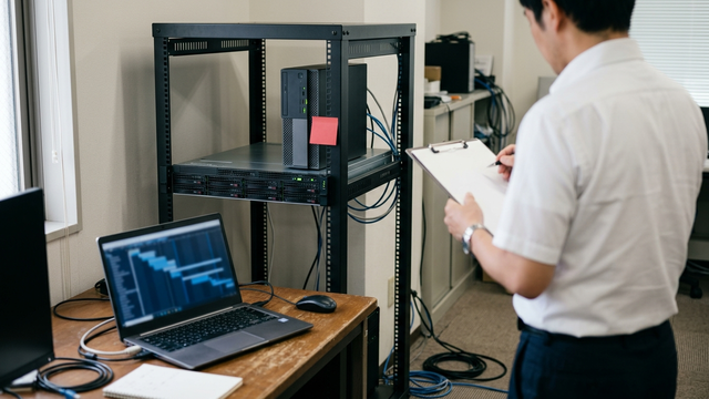 社内のサーバーラックとサポート期限を確認する担当者のイメージ