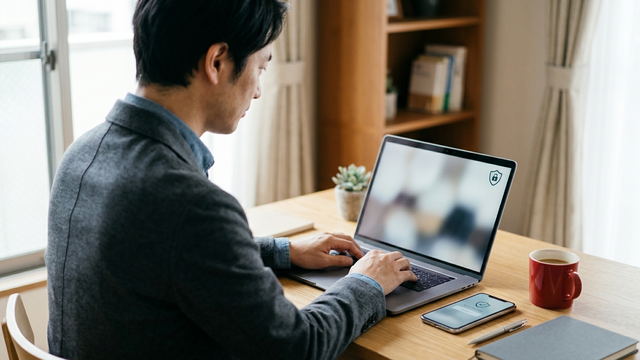 在宅勤務の社員がノートパソコンから会社のシステムに安全に接続しているイメージ