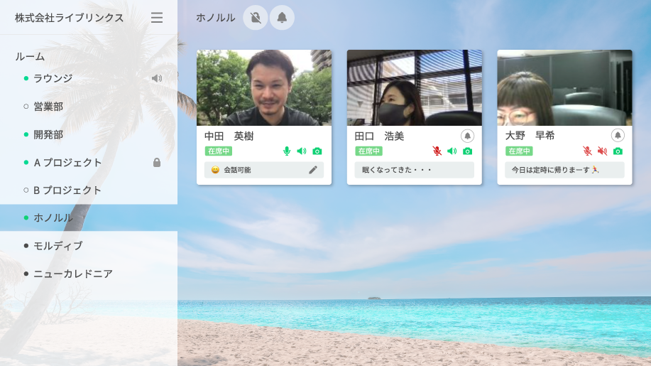 仮想オフィスツールの機能:ステータス表示
